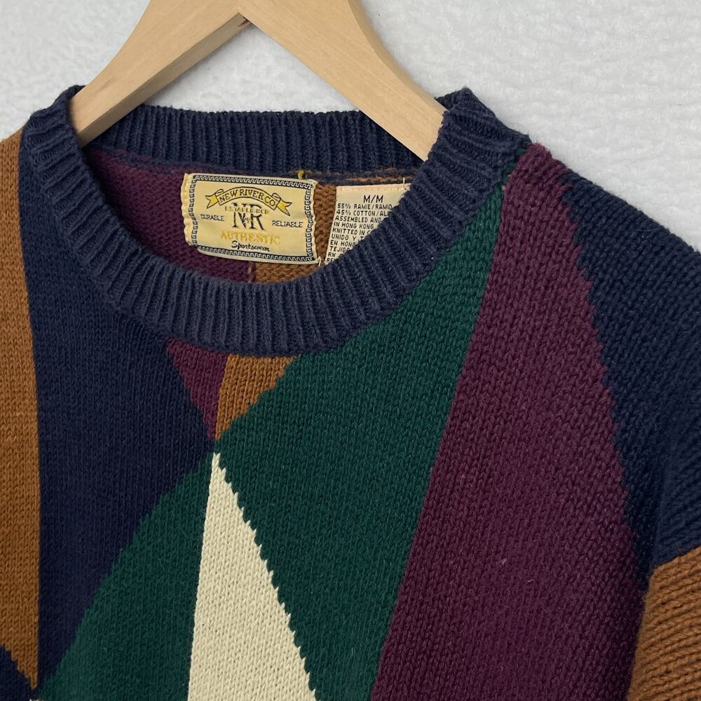 NEW RIVER CO Sweater Mens M Jumper Abstract Colorblock Pullover Blue Green VTG - Picture 6 of 11